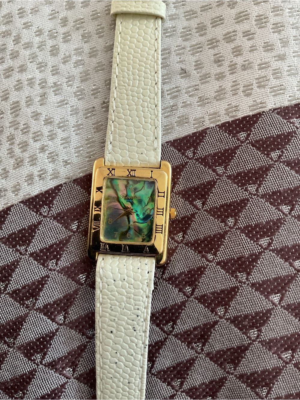 Vintage Rene Gold-Tone Square Watch with Abalone Dial and White Leather Strap